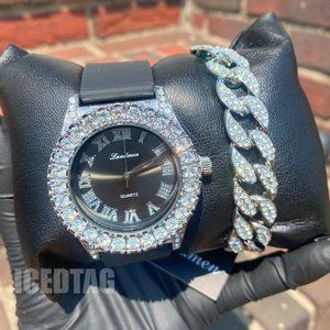 Iced Bling Out Black King Silicone Band Luxury Watch, Bracelet Set